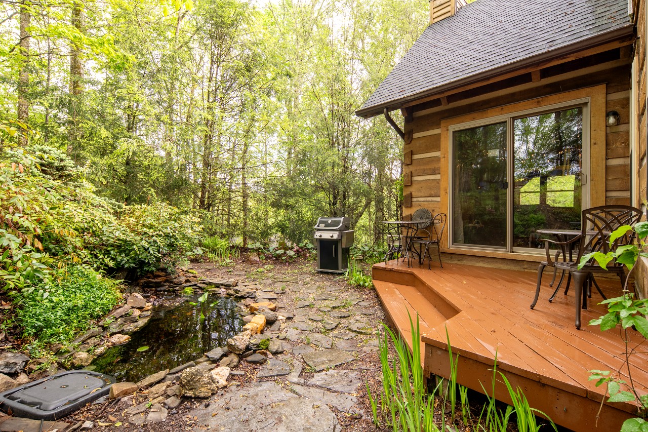 BBQ grill in a backyard by a deck