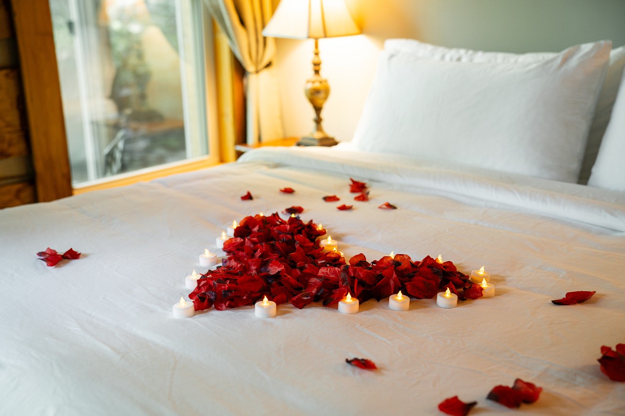 Romantic rose petals on bed